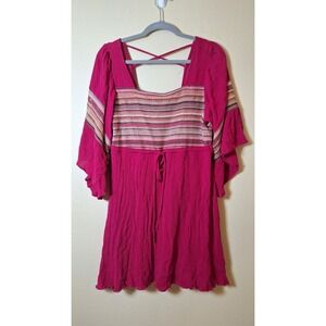 Umgee Mini‎ Dress Women's X Pink Retro Boho Hippie Strappy  Flared Sleeve